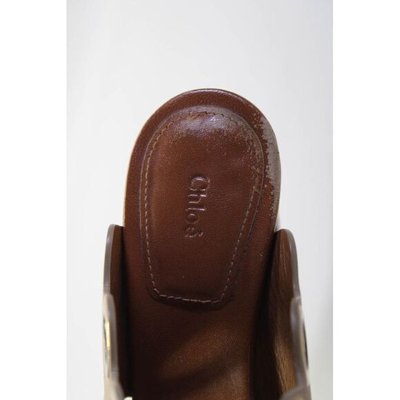 Chloe Womens Block Heel Grommet Scalloped Slide Sandals Brown Leather Size 37 - Picture 6 of 6